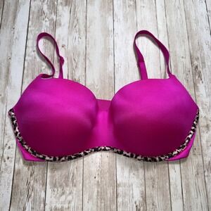 Victoria's Secret Knockout Wire Free Push UpBra Hot Pink Leopard Print Trim 34DD